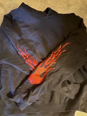 MNML Black Crewneck Sweatshirt with Red Flame Sleeve Graphic